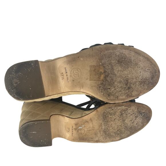 Chanel Coin Medallion Quilted Suede & Leather Heeled Wedge Sandals - Picture 16 of 16